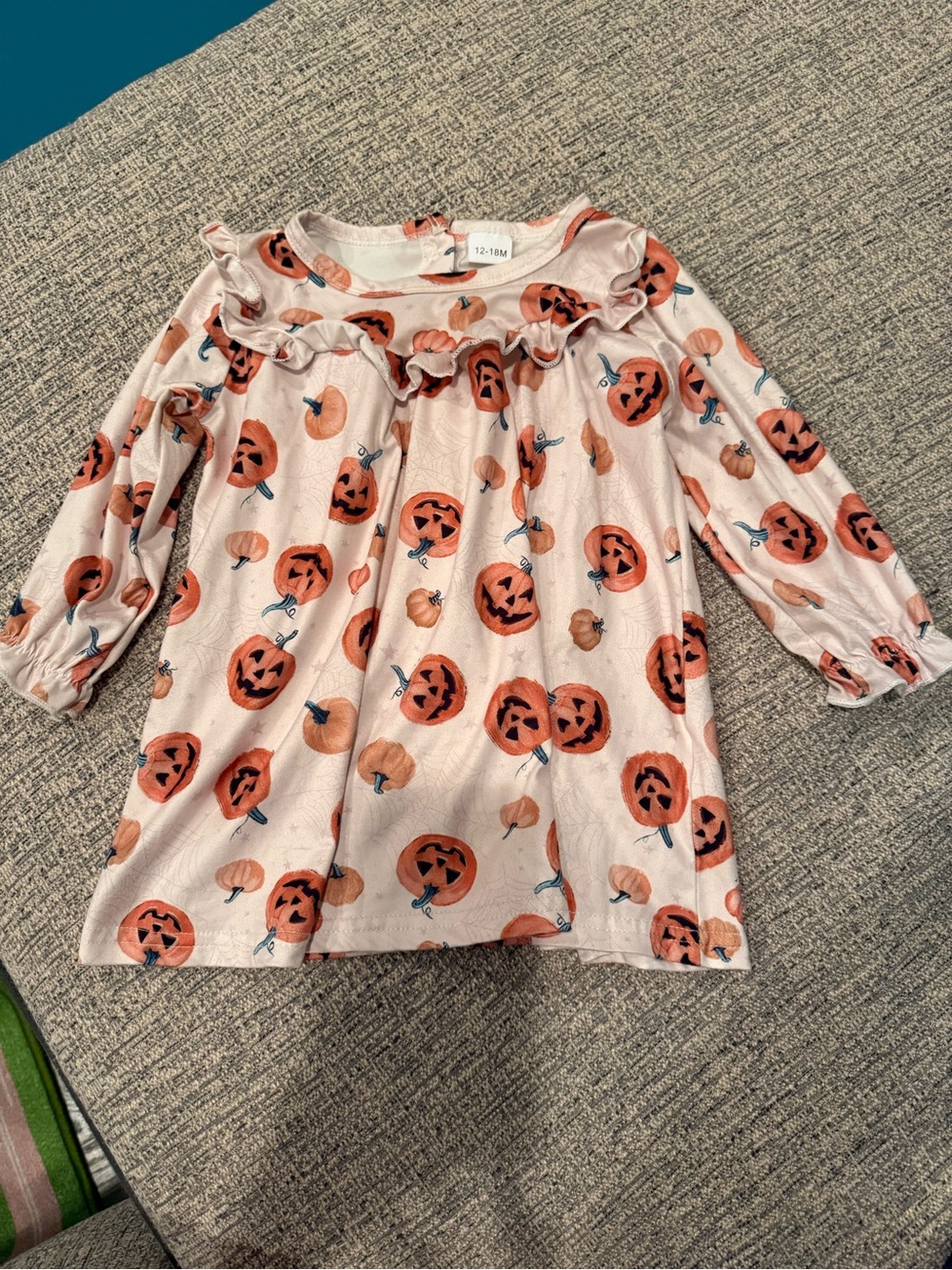 Girls 12-18M Pink Halloween Pumpkin Ruffle Long Sleeve Dress-Cream/tan - Picture 2 of 4